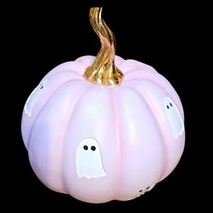 Pink Ghost Print Pumpkin/ With Gold Stem ~ 11"